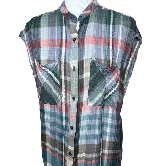 Anthro Holding Horses shirt dress gauze Small plaid button down - Picture 2 of 8